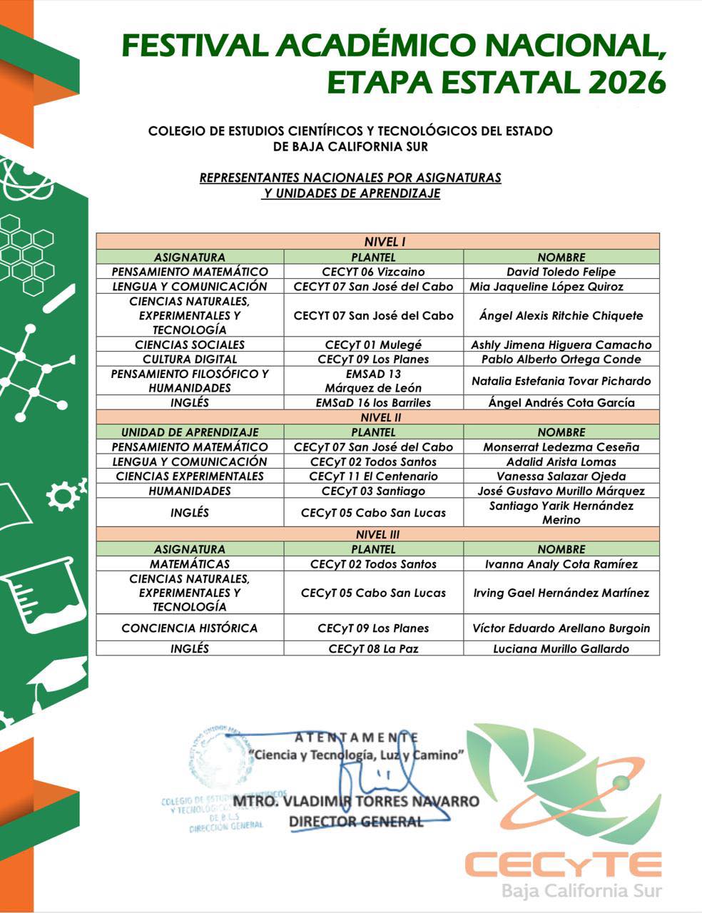 Representantes del CECyTEBCS para el Festival Académico Nacional 2026